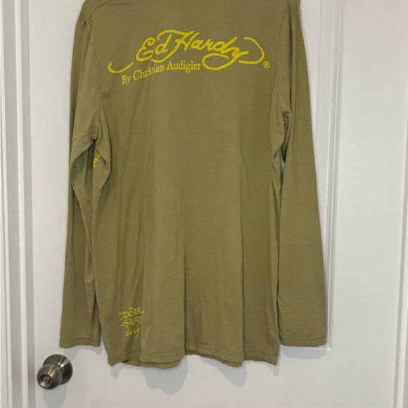 Ed Hardy Olive Green Long Sleeve Tee with Butterfly Graphic - Picture 3 of 4